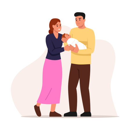 Vector illustration happy parenthood. Cartoon scene, joyful, smiling dad and mom holding, hugging newborn baby in arms isolated on white background. Loving young family. Caring attitude about babies.のイラスト素材