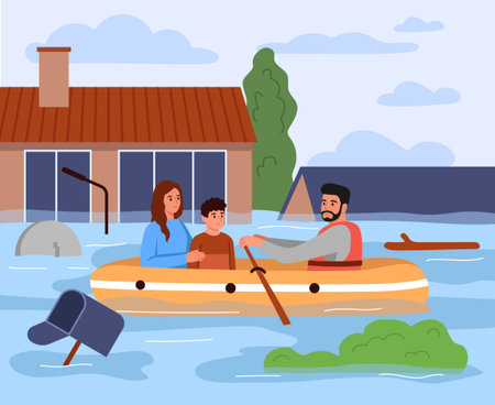 Vector illustration of natural disaster, flood. Cartoon scene of a sad family: man in protective vest, woman, son sitting in inflatable boat, rowing, flooded houses, trees, mailbox, street lamp.のイラスト素材