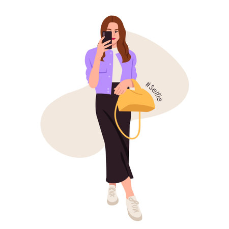 Vector illustration of a cute girl taking a selfie. Cartoon scene of a girl holding a smartphone,...