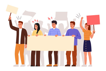 Vector illustration of a dissatisfied crowd of people at a rally. Cartoon scene of irritated, angry men and women standing with posters, shouting, with raised hands isolated on white background.のイラスト素材