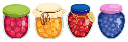 Set of sweet berry jam in cartoon style. Vector illustration of jars with lids, label, jam: raspberry, sea buckthorn, cranberry, blueberry, isolated on white background. Preservation for the winter.のイラスト素材