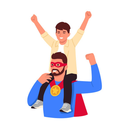 Vector illustration of  dad. Cartoon scene of a boy sitting on the shoulders of his dad wearing a blue suit, red cape,  mask, gold medal around his neck isolated on white background.のイラスト素材