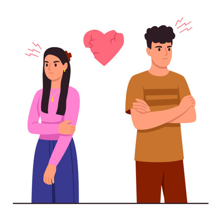 Vector illustration of relationship breakup. Cartoon scene of a couple girl and boy standing facing each other, feeling resentment, negative emotions, heart with cracks isolated on white background.のイラスト素材