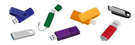 Set of USB flash drives in cartoon style. Vector illustration of blue, gray, green, purple, yellow,...