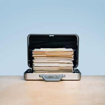 Overtime, tall stack of files and folders in aluminum briefcase. on light wood surface with blue...