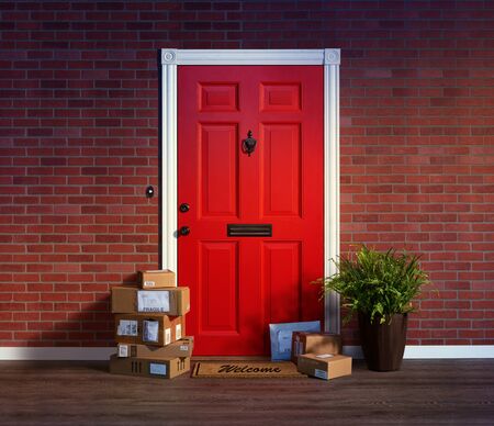 Residential front door with stacks of boxes from online purchasesの写真素材