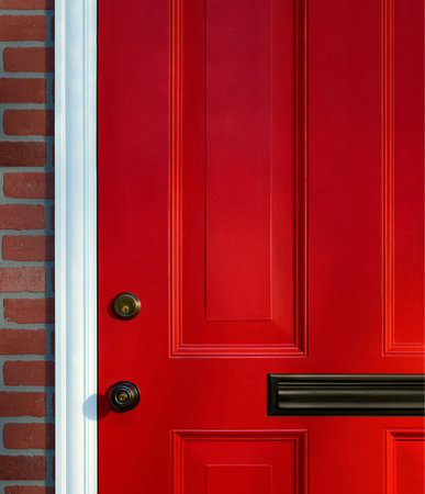 Bright red paneled front door detail with knob, lock and mail slot