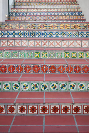 A closeup detail view of Spanish tiles.  Tiles add color and character with their varied styles. ...