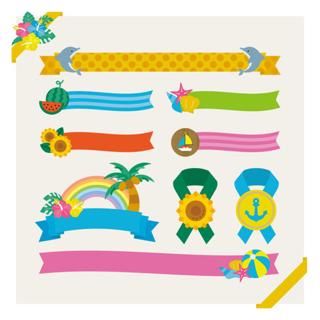 Seasonal material: Ribbon set decorated with summer itemsのイラスト素材