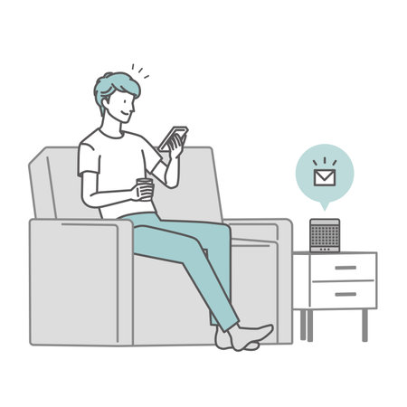A man who notices a notification from a smart speaker in the living roomのイラスト素材