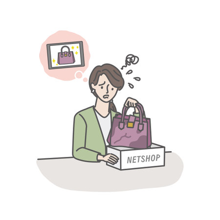 A young woman who is in a hurry because the bag she bought at the online shop is defectiveのイラスト素材