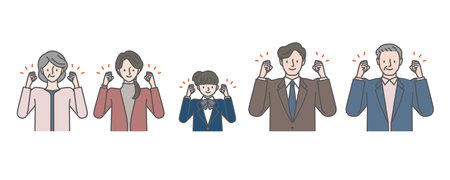 A cheerful family raising a fist with a smile (a girl whose child is wearing a uniform)のイラスト素材