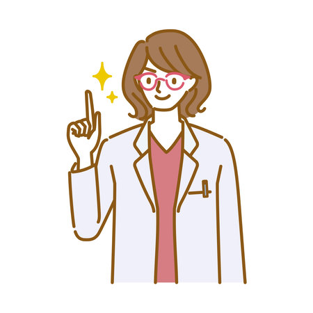 A female doctor wearing a white coat and glasses confidently poses with her index finger upのイラスト素材