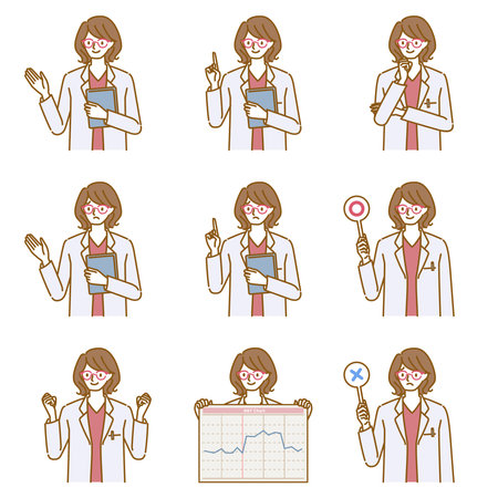 A set of various poses and facial expressions of a female doctor wearing a white coat and glassesのイラスト素材