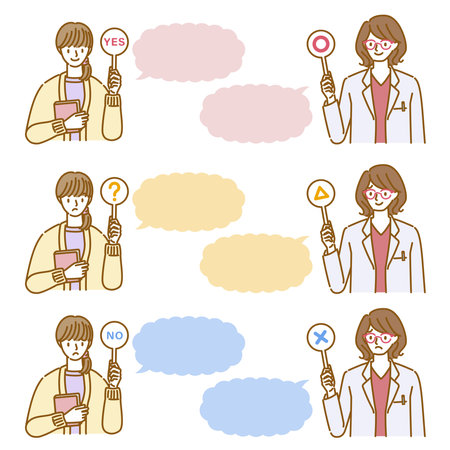 Conversation set between a female doctor wearing a white coat and glasses (questions and answers)のイラスト素材