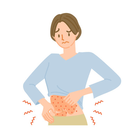 A woman whose stomach skin is rough, inflamed, and itchy due to an allergic reactionのイラスト素材