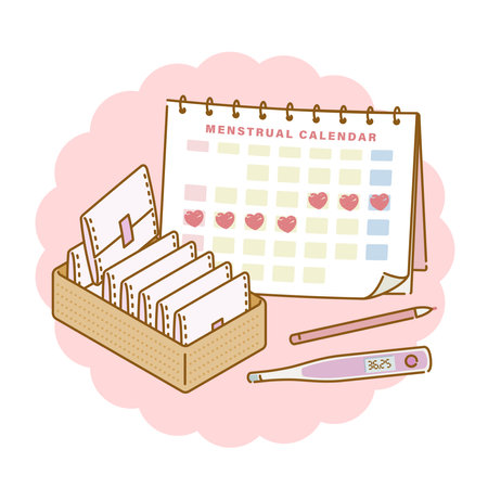 Women's health: image set of sanitary products (napkins, women's thermometer) and menstrual calendarのイラスト素材