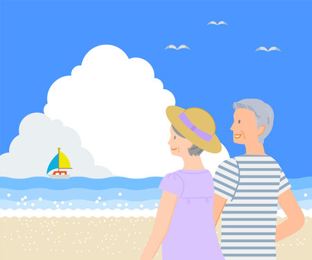 Summer material: Senior men and women looking up at the blue sky with clouds at the sea with smilesのイラスト素材