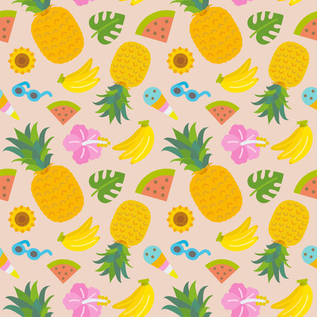 Summer material: cute seamless pattern of summer fruits and flowers, summer iconsのイラスト素材