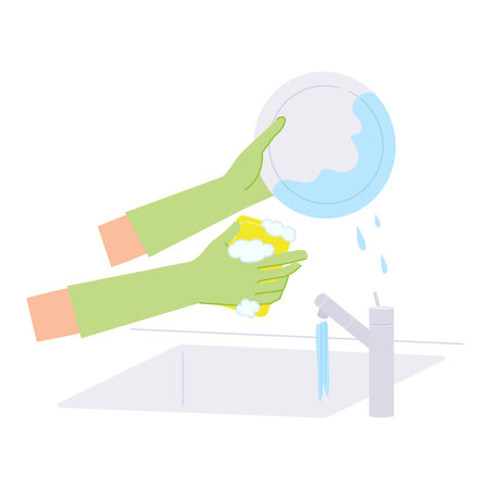 Preventing chilblains: Illustration of washing dishes while wearing rubber glovesのイラスト素材