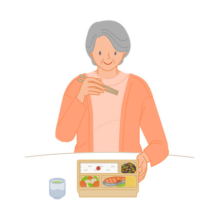 Smiling senior woman eating lunch (living alone)のイラスト素材