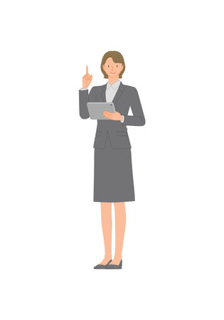 Smiling young woman in a business suit: tablet and pointingのイラスト素材