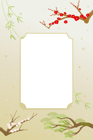 A horizontal Japanese-style background featuring pine, bamboo, plum blossoms, and delicate gold foil accents. Soft washi texture and gentle gradients create an elegant design suitaのイラスト素材