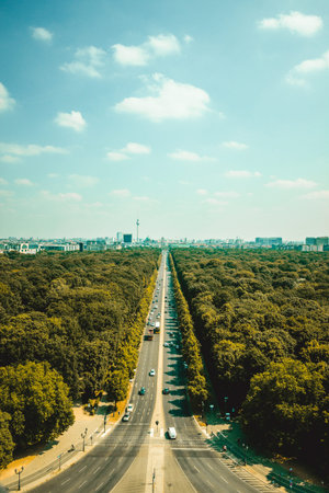 Aerial view of Berlin skyline panorama on a sunny day with blue sky and clouds in summer seen from Berlin Victory Column Germanyの写真素材