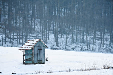wooden cabin in the field with snow in winter, whiteの写真素材