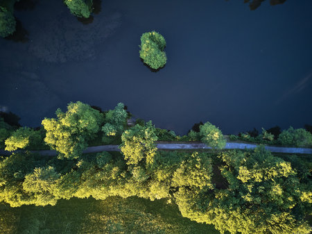 Top View of a small lake and green trees around with a small path or street