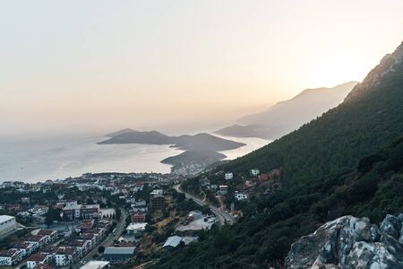 Aerial view of popular resort city Kas in Turkey, Turkish Riviera also known as Turquoise Coast, clear warm sea, sunny weatherの写真素材