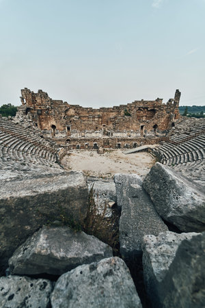 Ruins of the ancient Lycian city Perge. Amphitheater still standing. Rocks and stone.の写真素材