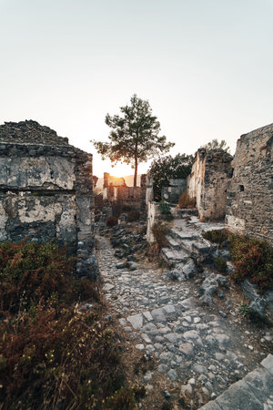 The abandoned Greek village of Kayakoy, Fethiye, Turkey. Ghost Town Kayakoy. Turkey, evening sun....