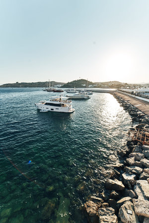 Ships on blue water sea ocean of the harbour in bodrum. Watch from the castle wide angle evening...