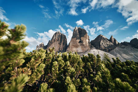 View of Drei Zinnen or Tre Cime di Lavaredo with beautiful cloud on sky, Sextener Dolomiten or Dolomiti di Sesto, South Tirol, Dolomites mountains, Italian Alpsの写真素材
