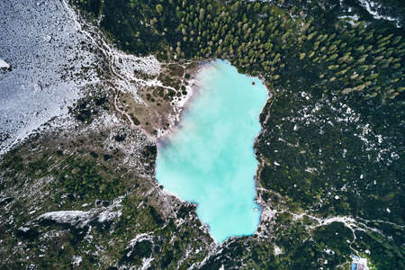 Sorapis lake in the dolomites italy shot with drone, aerial viewの写真素材