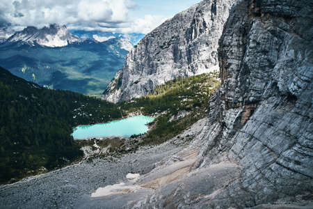 Sorapis lake in the dolomites italy shot with drone, aerial viewの写真素材