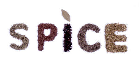 The image shows the word spice with some spicery over whiteの写真素材