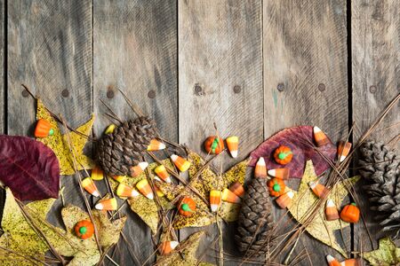 Flat lay wood table top fall scene pine cones leaves candy cornの写真素材