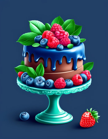 Vector illustration of a chocolate cake with berries on a blue background.の素材