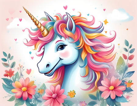 Unicorn with pink mane and flowers. Vector illustration.の素材