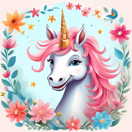 Unicorn with pink mane and flowers. Vector illustration.の素材