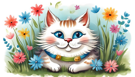 Cute cat sitting in a meadow with flowers. Vector illustration.の素材