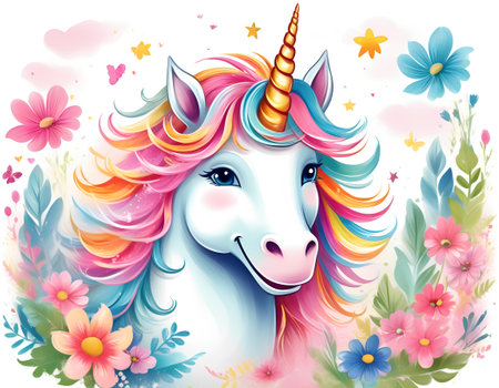 Unicorn with rainbow hair on floral background. Vector illustration.の素材