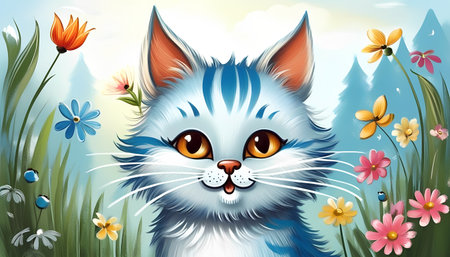 Illustration of a blue cat with flowers on a background of natureの素材