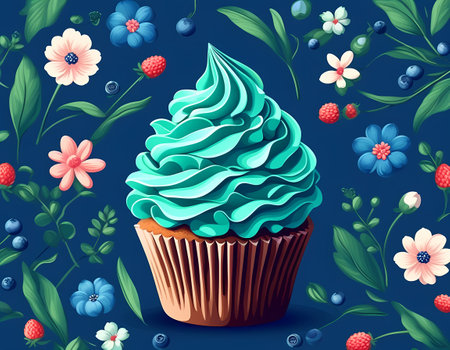 Cupcake with blue cream and flowers on a blue background.の素材
