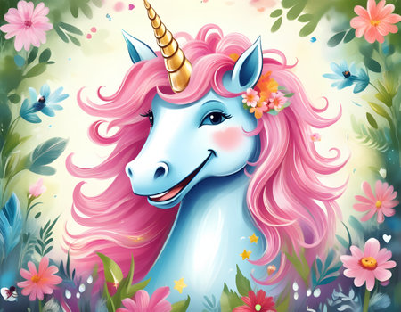 Cute unicorn with pink hair on floral background. Vector illustration.の素材