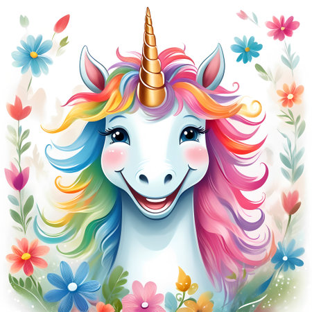 Unicorn with rainbow mane and flowers. Vector illustration.の素材