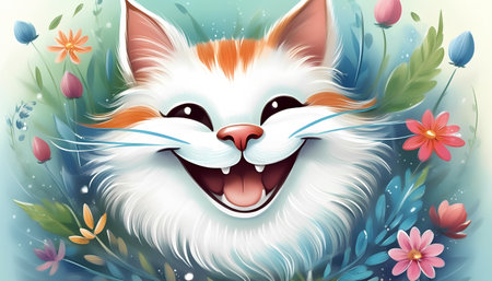 Vector illustration of a cute cat face with flowers in the background.の素材