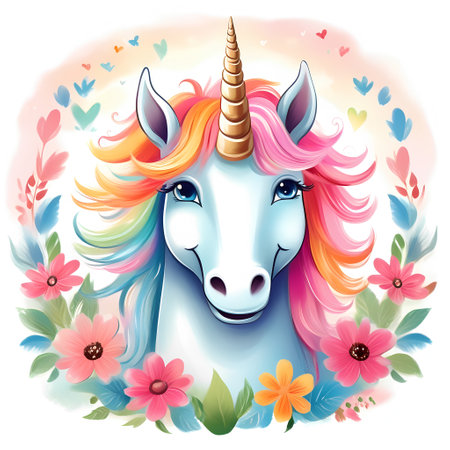 Unicorn with pink mane and flowers. Vector illustration.の素材
